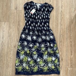 NWT Studio M navy blue with green white floral print knee length dress
